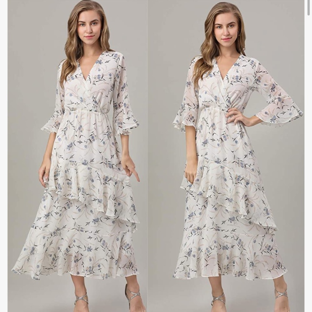 Maxi Dress/Chiffon White with Blue Floral Design